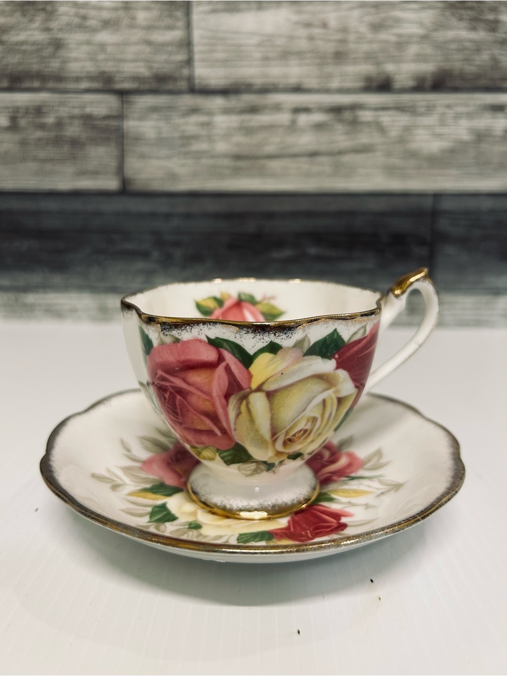 VTG Queen Anne Lady Sylvia Bone China Teacup & Saucer Set Pink Yellow Rose Gold